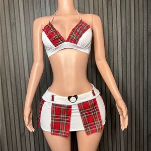 Y2K School Girl Costume Plaid Red and White Mini Skirt